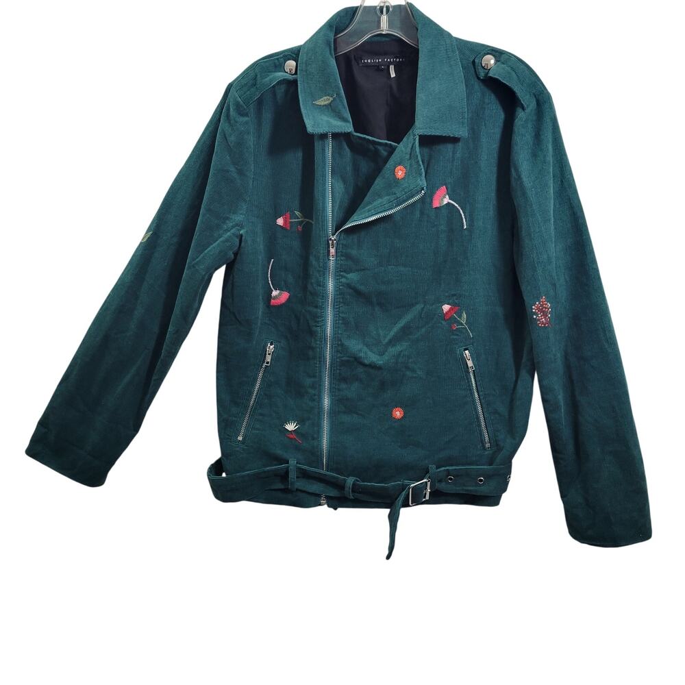 English Factory Green Corduroy with Embroidered Flowers Jacket Size L 11523-0481 - Picture 1 of 9